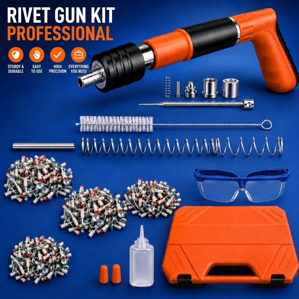 Concrete nail gun kit with nails, adapter heads, safety glasses and carry case