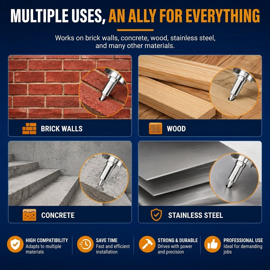 Nails fixed into brick, wood, concrete and stainless steel