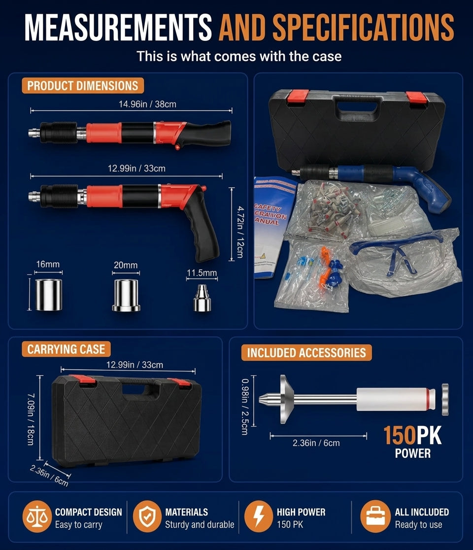 Nail gun dimensions, carry case size and included accessories