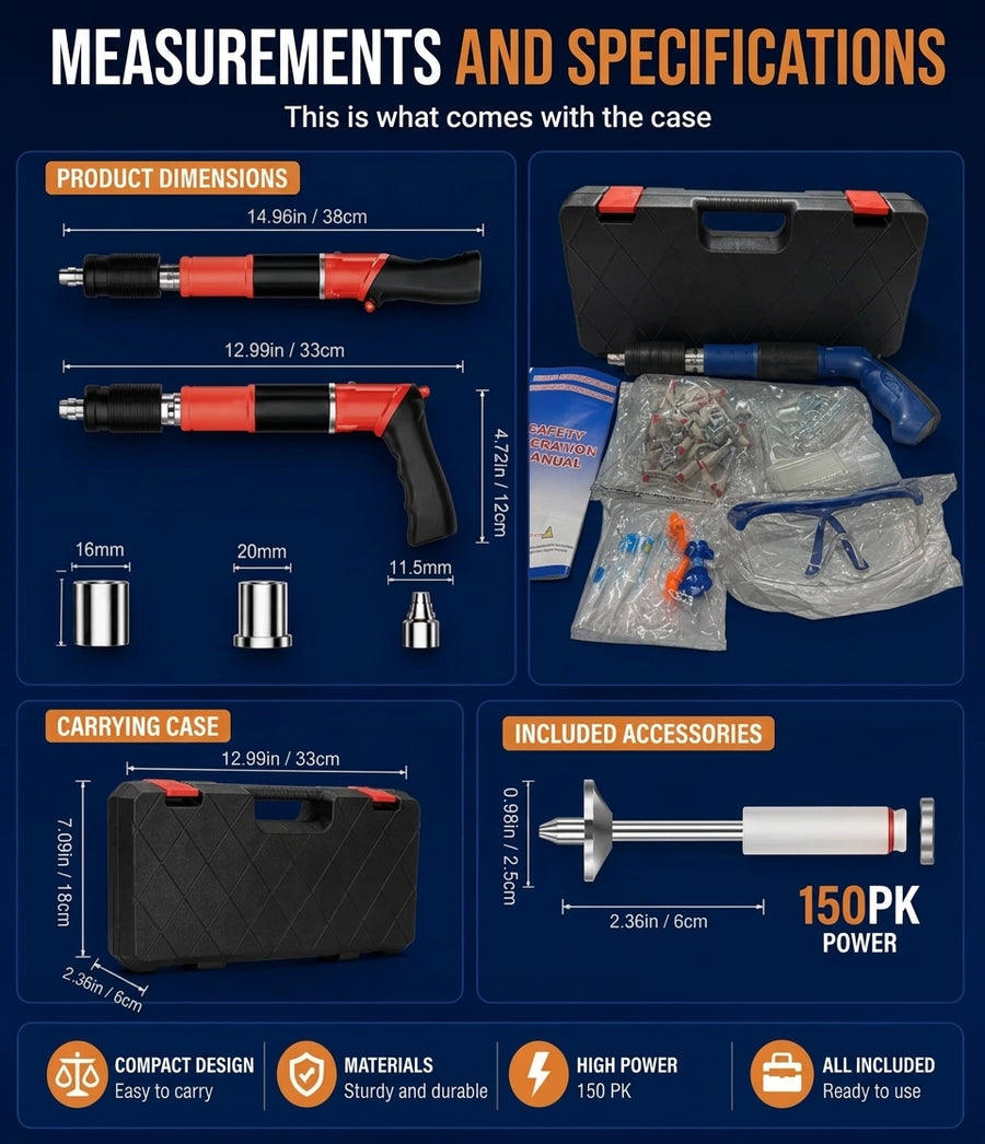Nail gun dimensions, carry case size and included accessories